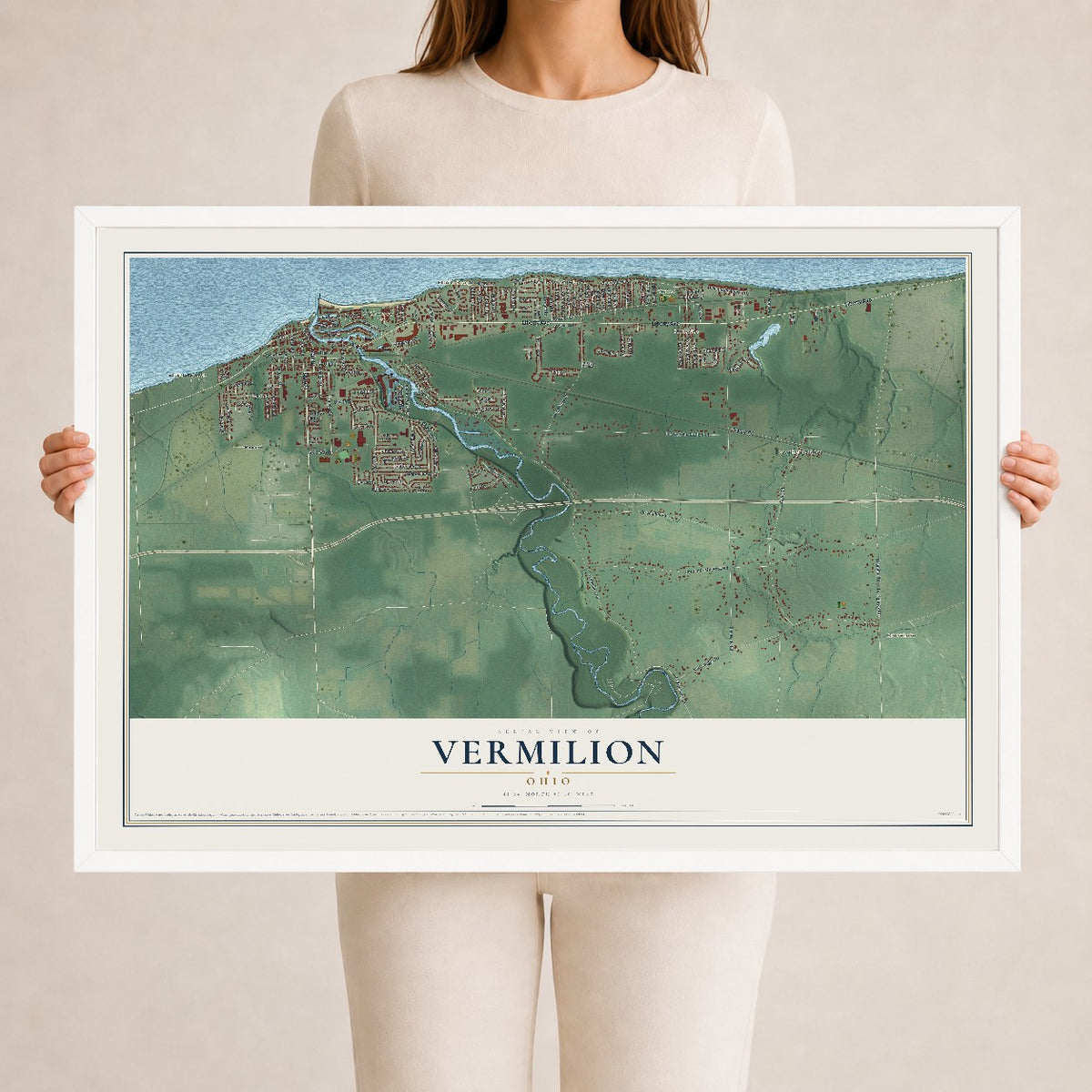 Map of Vermilion, Ohio, 24 x 36 inch print in a white wood frame