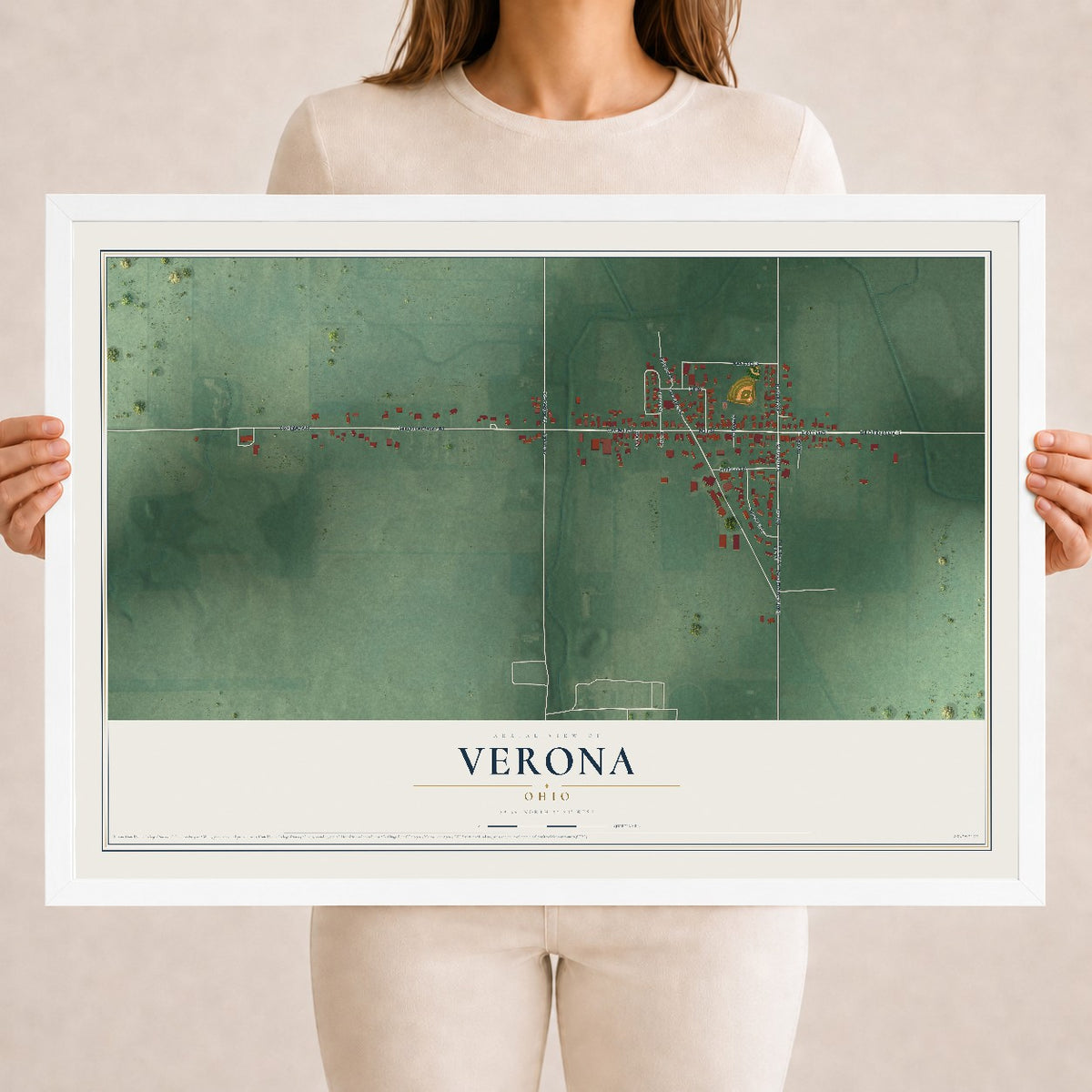 Map of Verona, Ohio, 18 x 24 inch print in a white wood frame