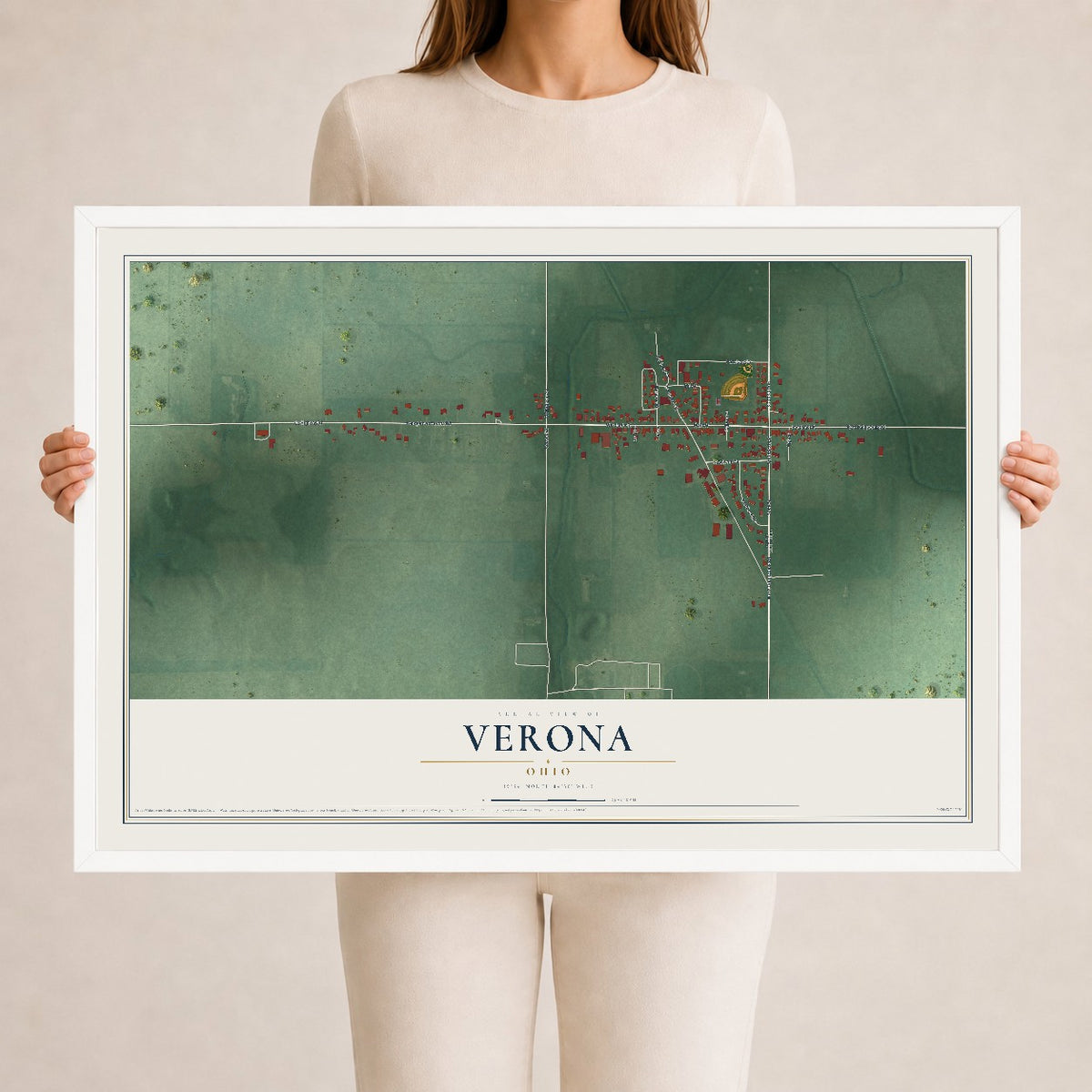 Map of Verona, Ohio, 24 x 36 inch print in a white wood frame