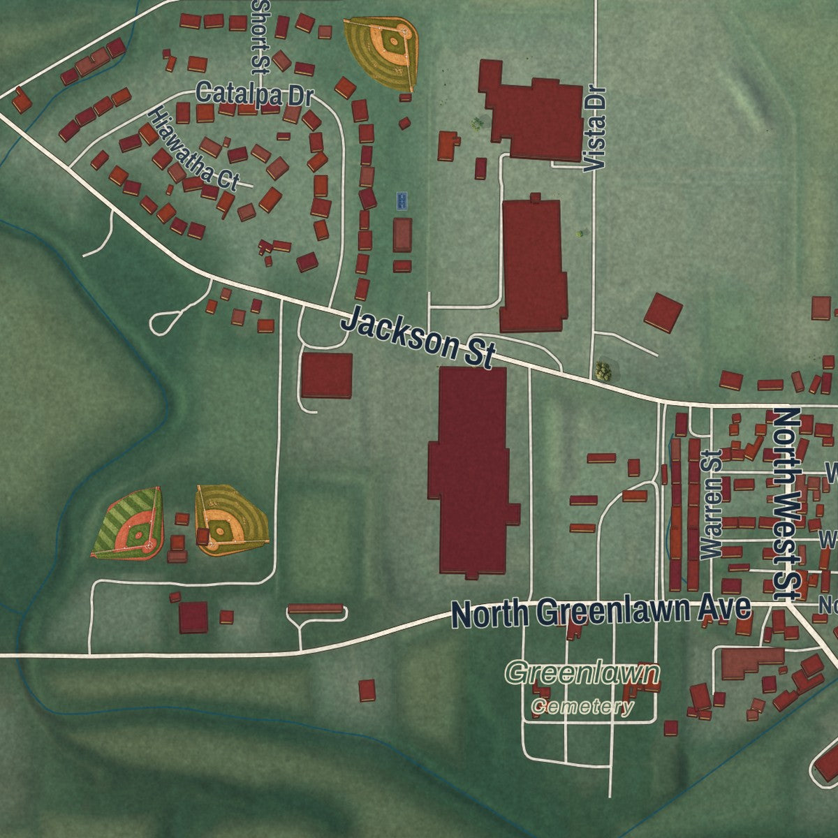 Second close-up of the map of Versailles, Ohio print showing more streets and buildings