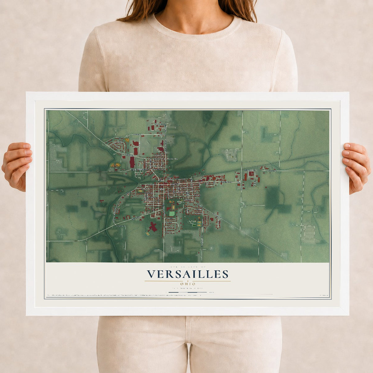 Map of Versailles, Ohio, 12 x 18 inch print in a white wood frame