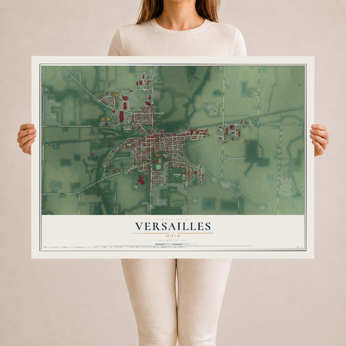 Map of Versailles, Ohio, 24 x 36 inch unframed archival matte print