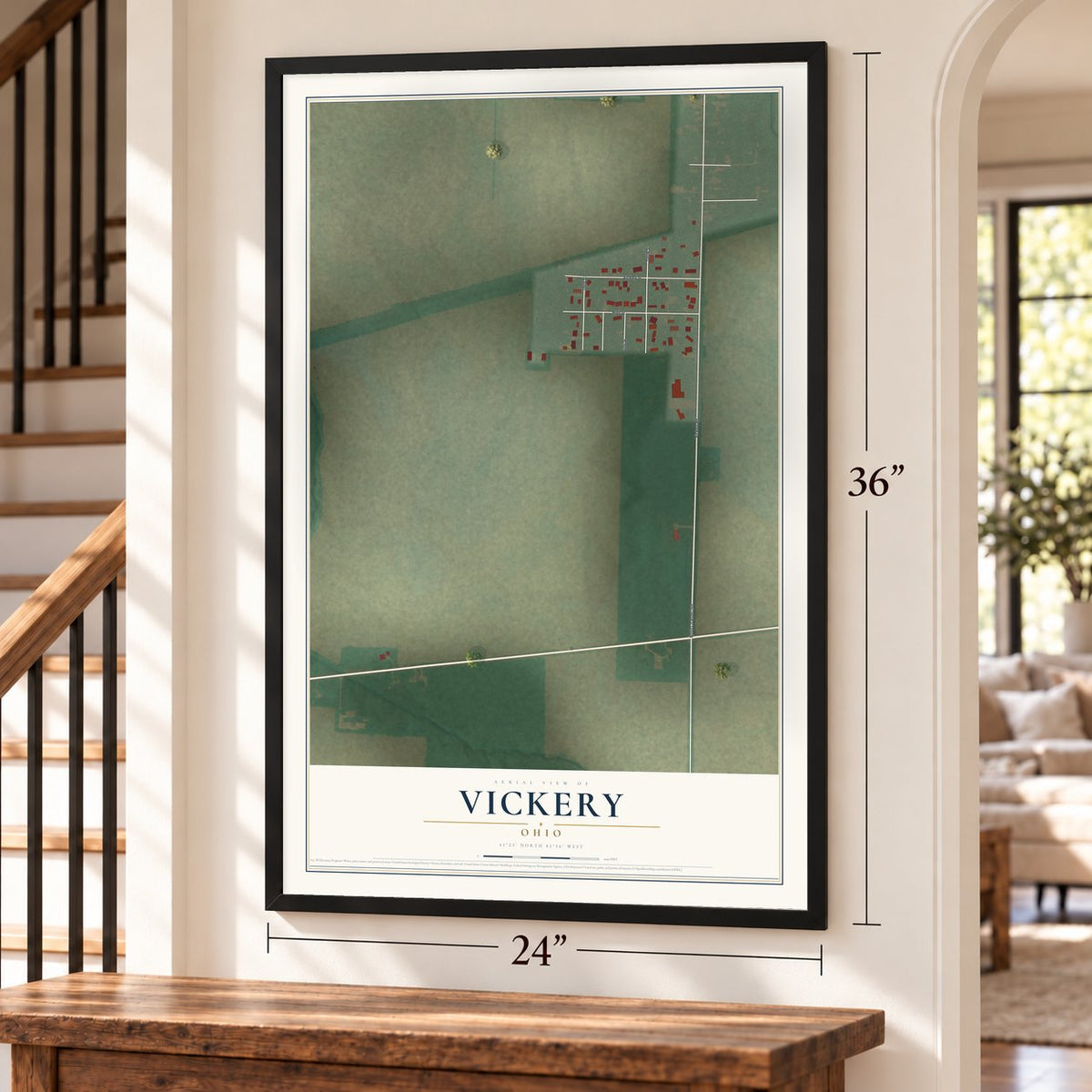 Vickery, Ohio map, 24 x 36 inch print in a black frame by a staircase