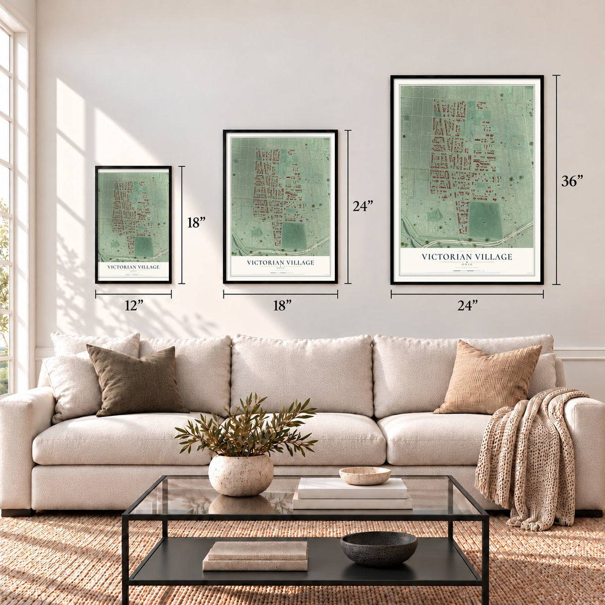 Victorian Village, Ohio map in 12 x 18, 18 x 24 and 24 x 36 inch sizes above a sofa
