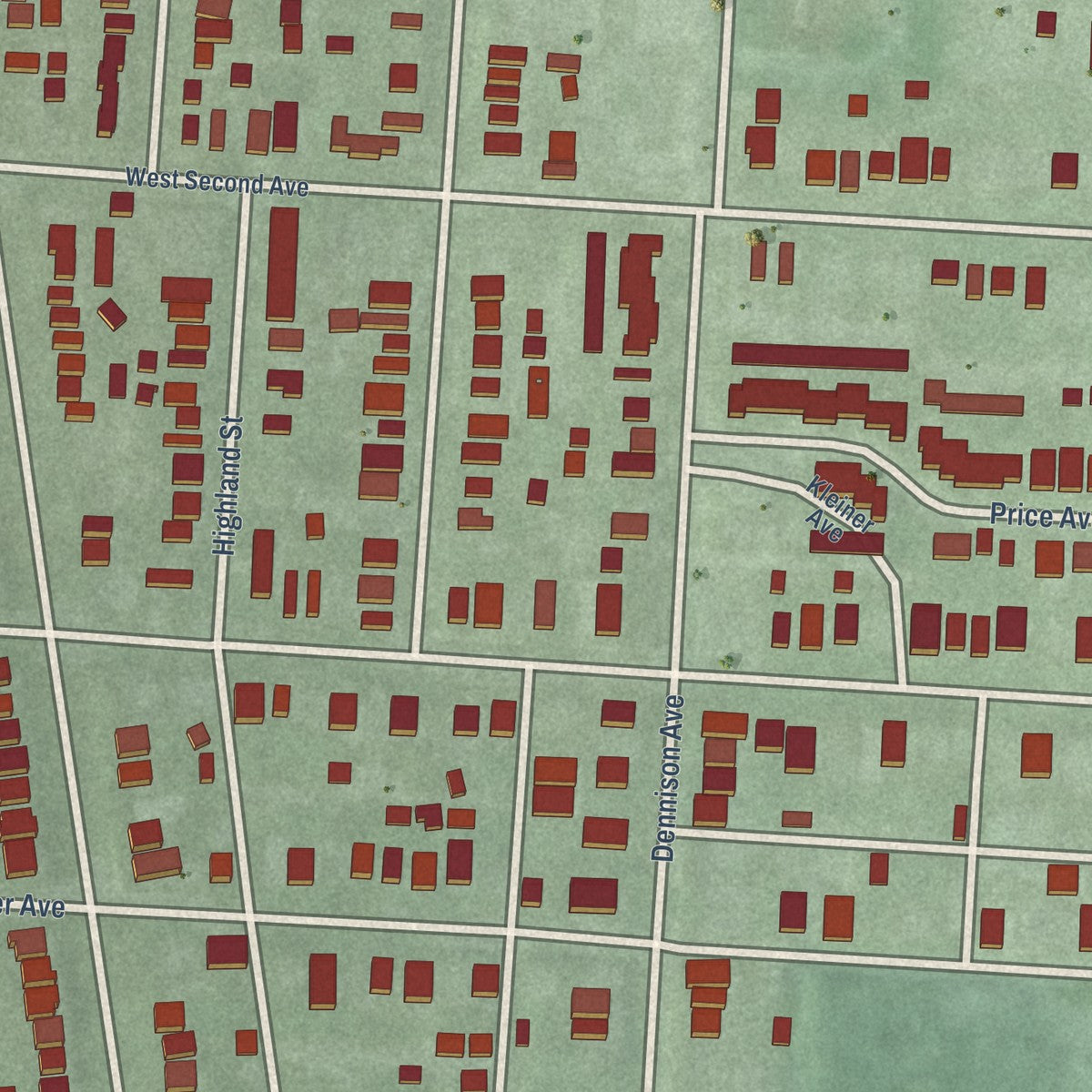 Close-up of the map of Victorian Village, Ohio print showing street and building detail