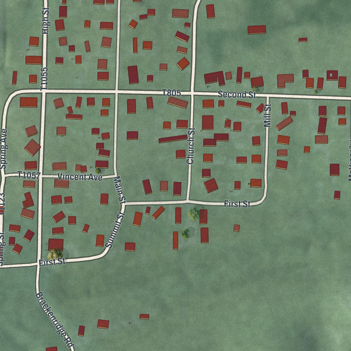 Close-up of the map of Vincent, Ohio print showing street and building detail