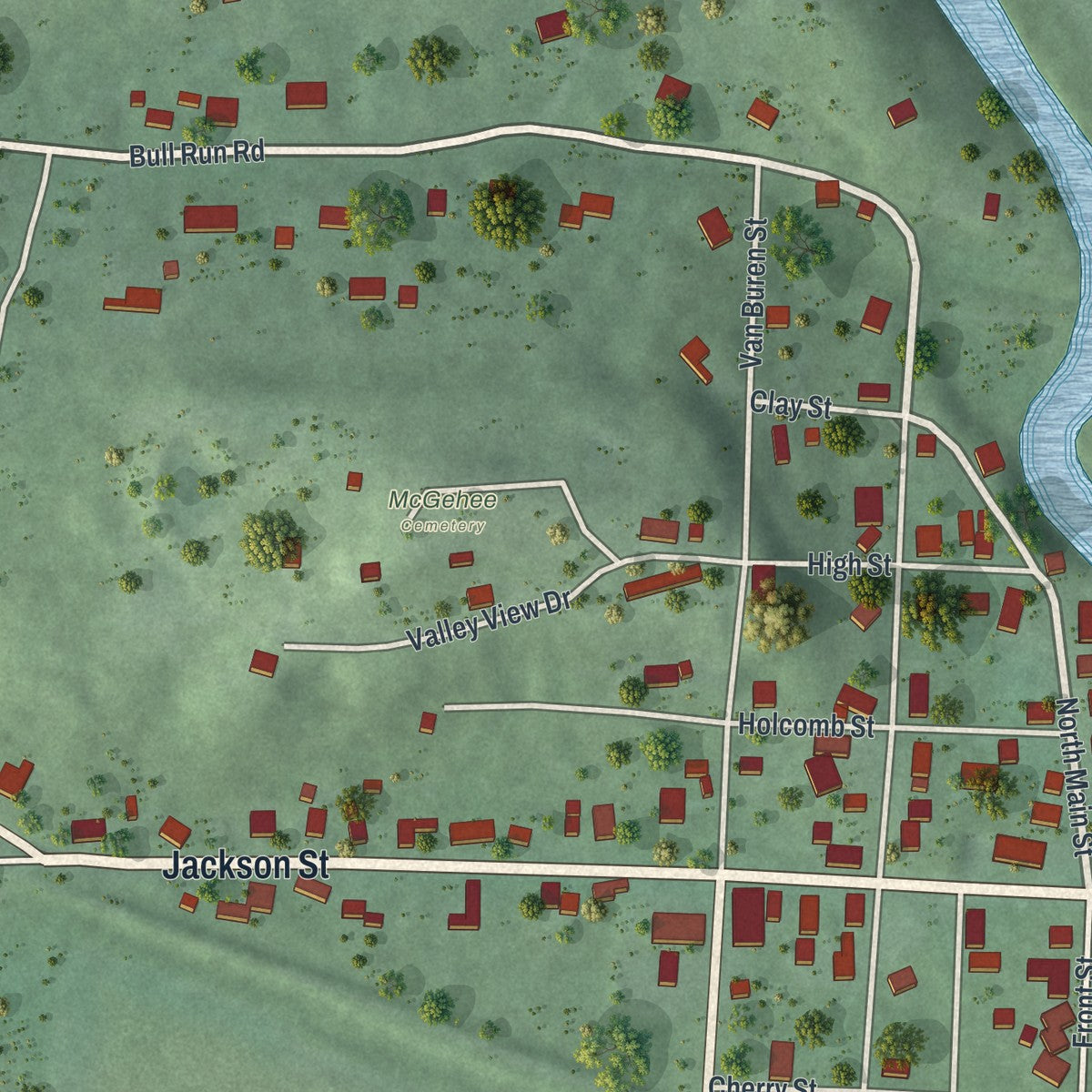 Close-up of the map of Vinton, Ohio print showing street and building detail