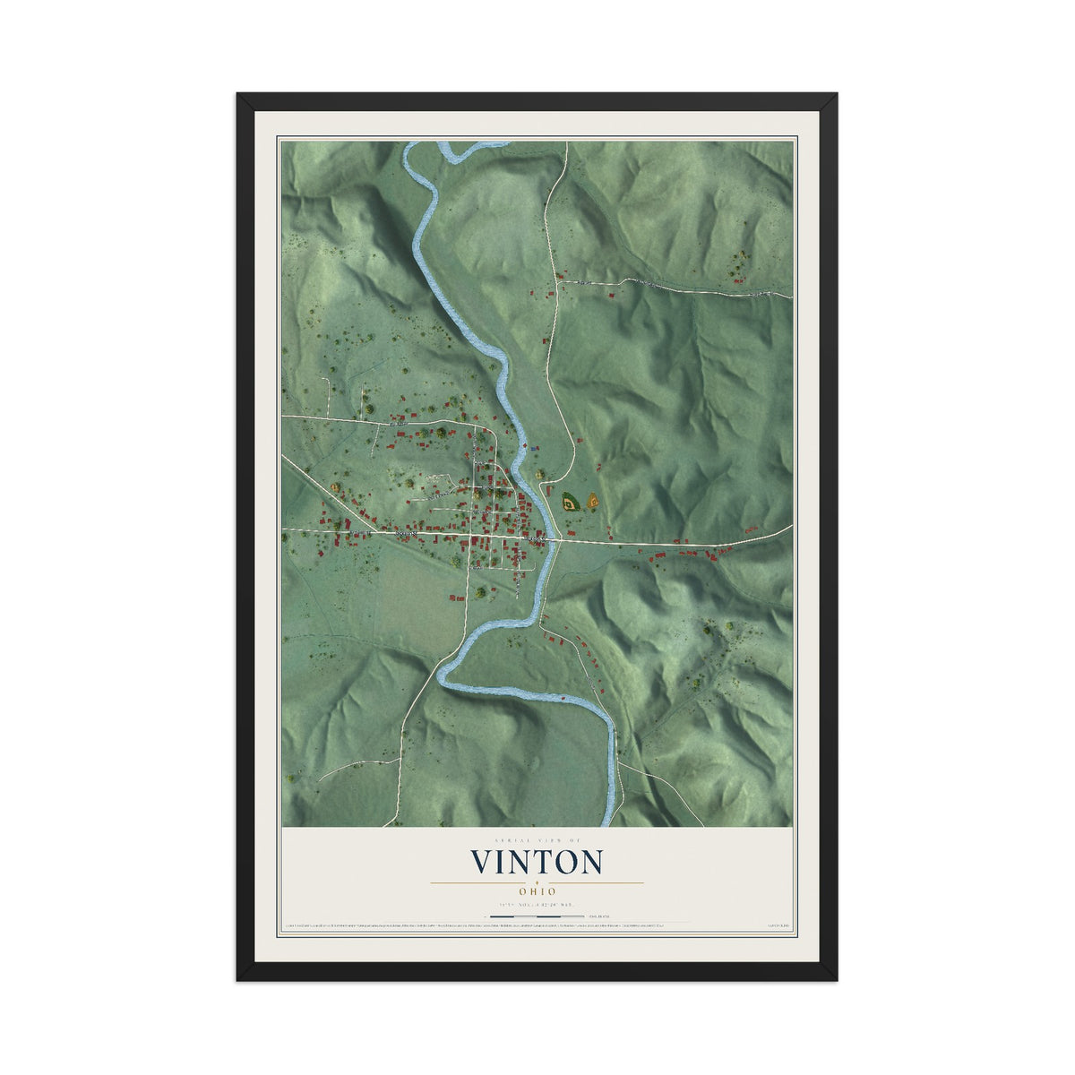Map of Vinton, Ohio, 12 x 18 inch print in a black wood frame