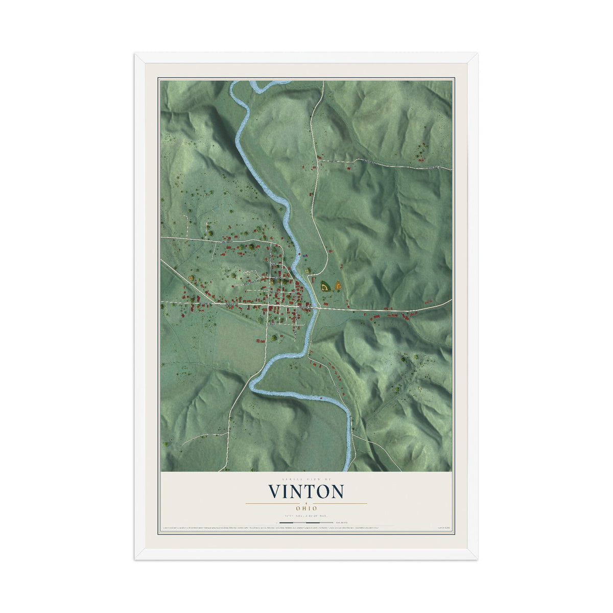 Map of Vinton, Ohio, 12 x 18 inch print in a white wood frame