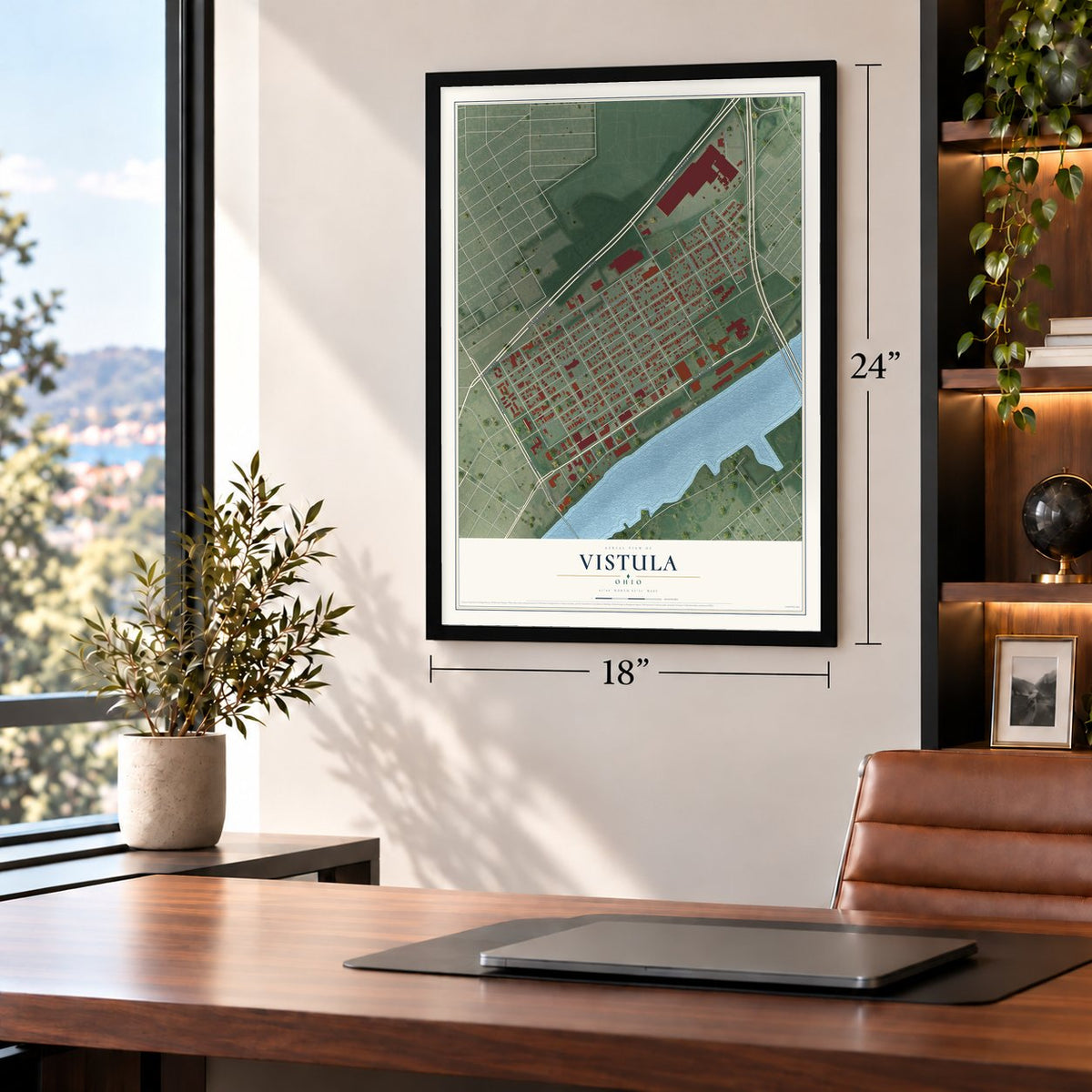 Vistula, Ohio map, 18 x 24 inch print in a black frame in a home office
