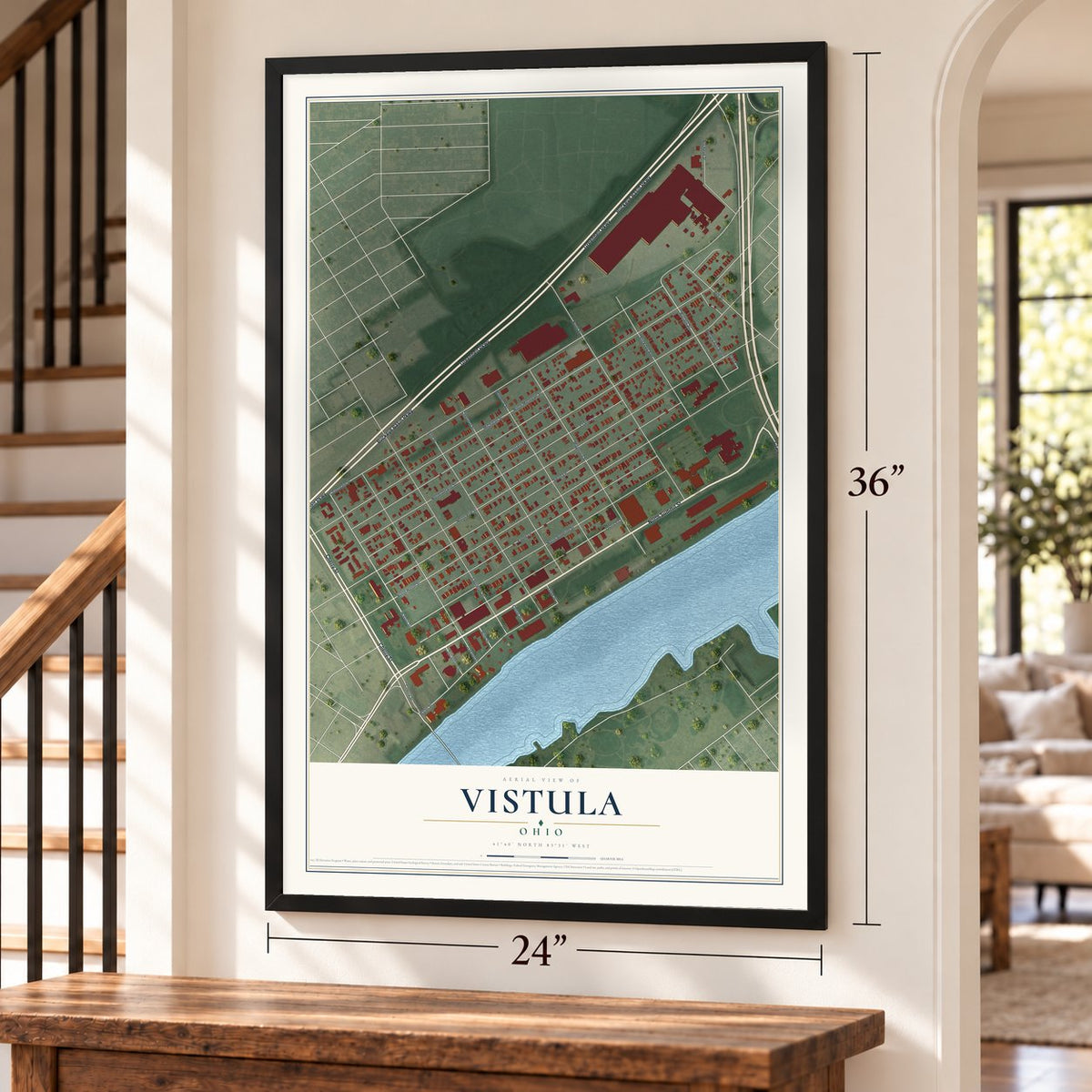 Vistula, Ohio map, 24 x 36 inch print in a black frame by a staircase