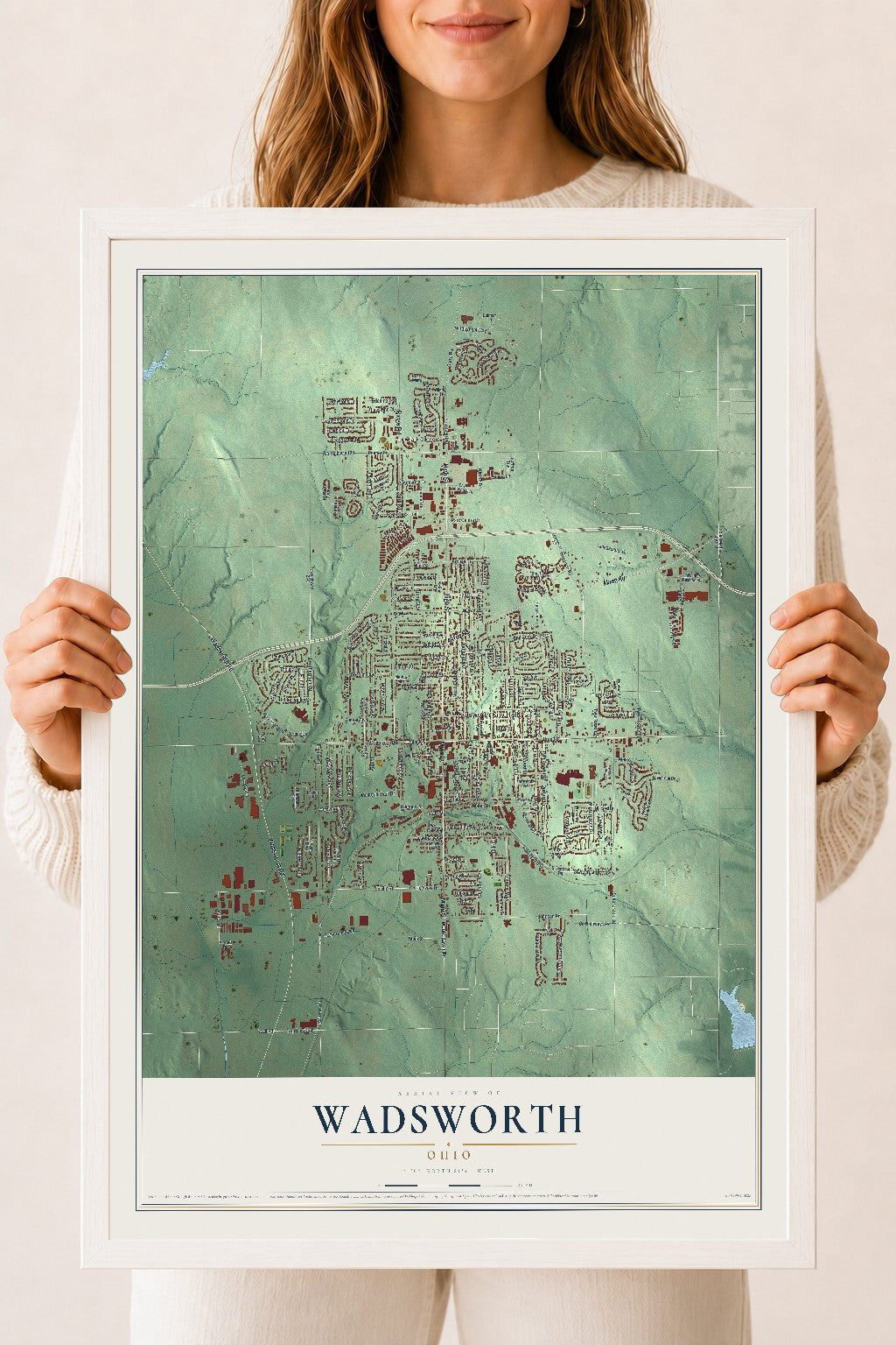 Map of Wadsworth, Ohio, 18 x 24 inch print in a white wood frame