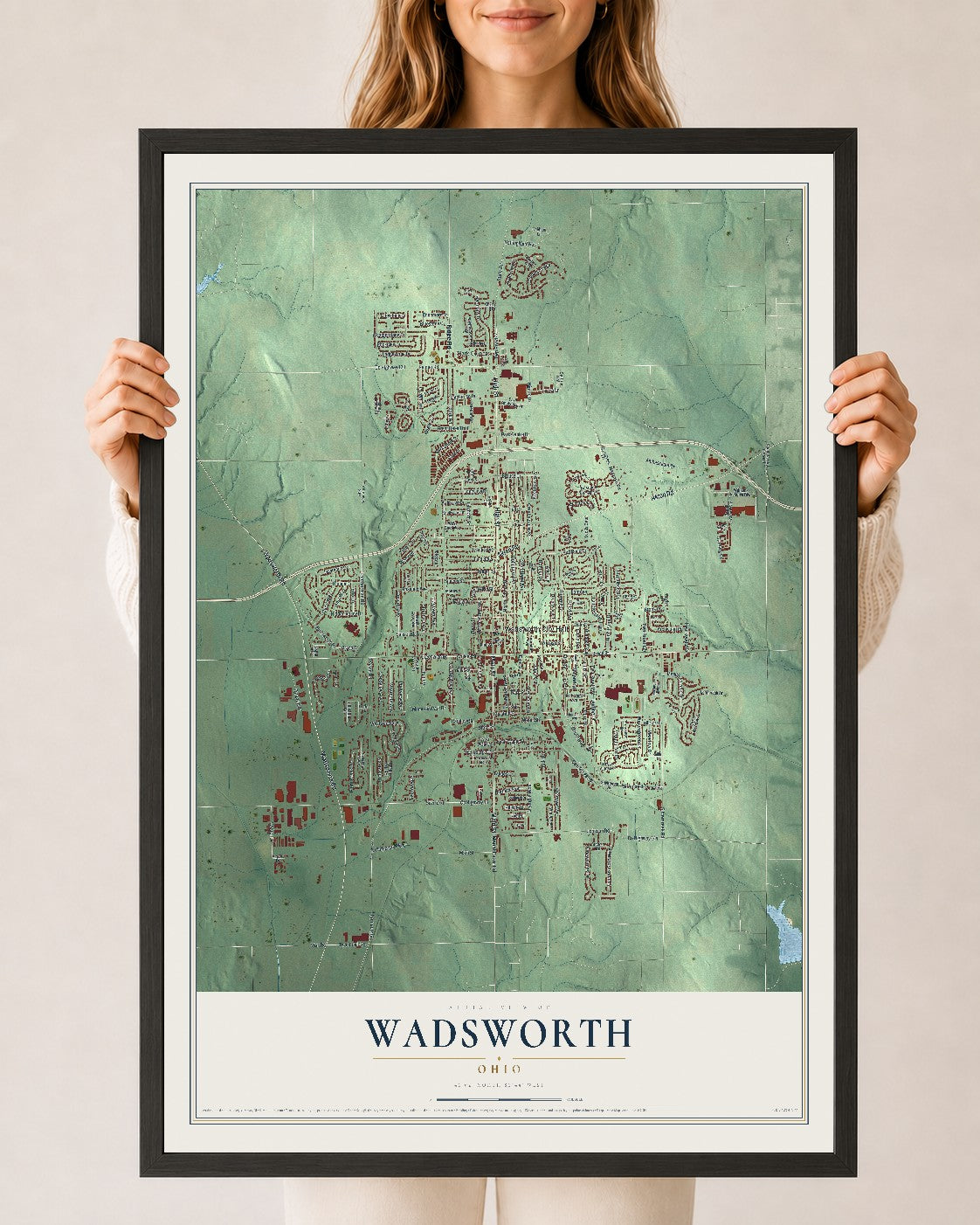 Map of Wadsworth, Ohio, 24 x 36 inch print in a black wood frame