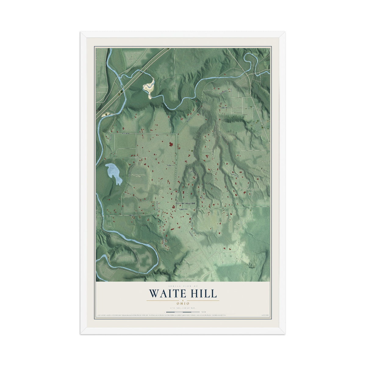 Map of Waite Hill, Ohio, 12 x 18 inch print in a white wood frame
