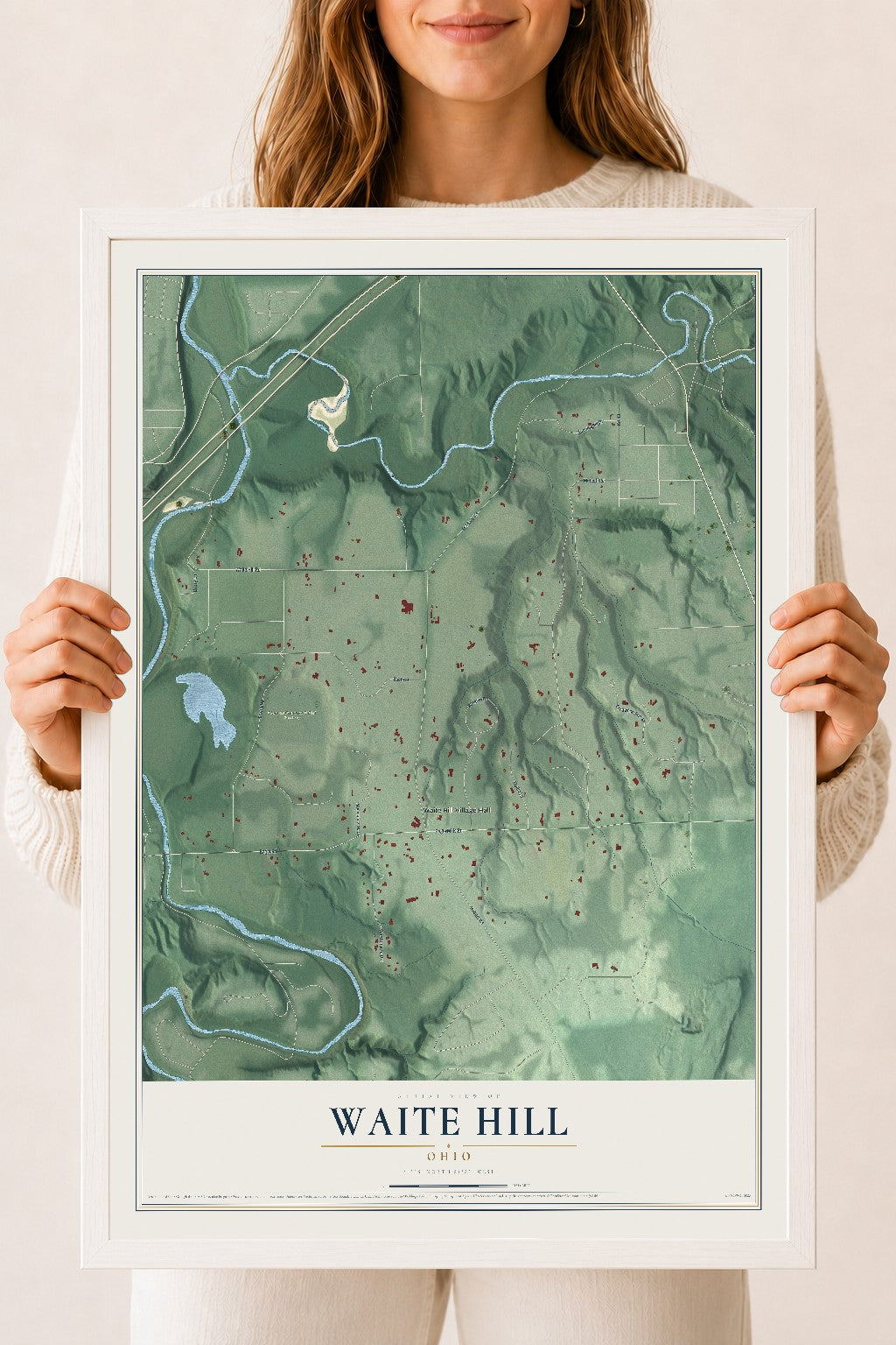 Map of Waite Hill, Ohio, 18 x 24 inch print in a white wood frame
