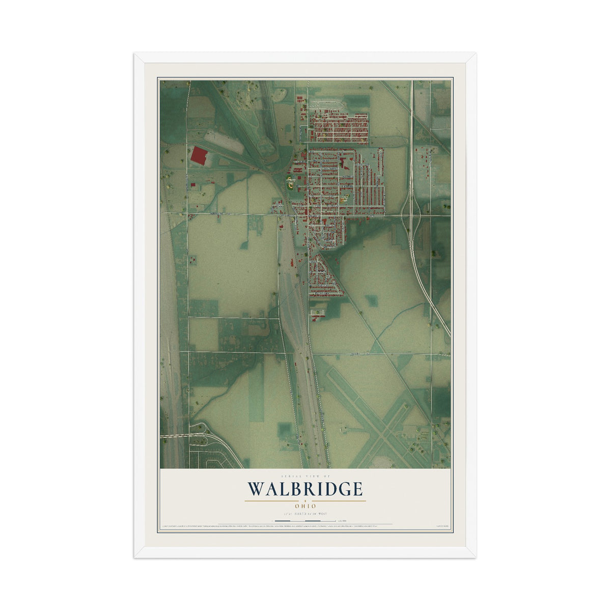 Map of Walbridge, Ohio, 12 x 18 inch print in a white wood frame