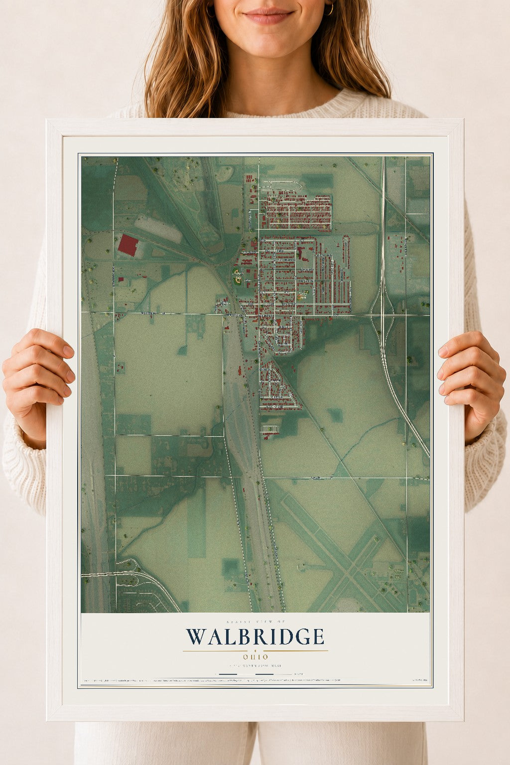 Map of Walbridge, Ohio, 18 x 24 inch print in a white wood frame