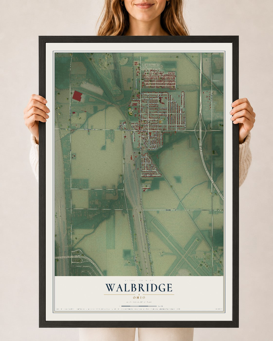 Map of Walbridge, Ohio, 24 x 36 inch print in a black wood frame