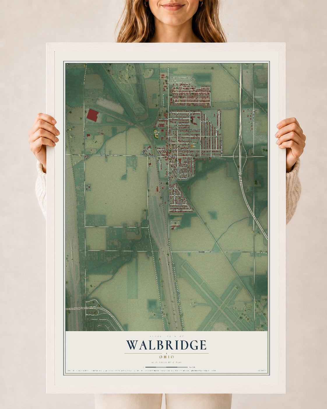 Map of Walbridge, Ohio, 24 x 36 inch print in a white wood frame
