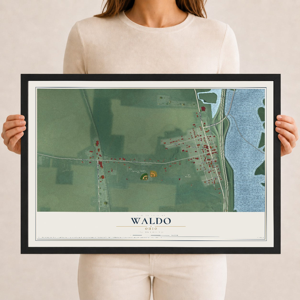 Map of Waldo, Ohio, 12 x 18 inch print in a black wood frame