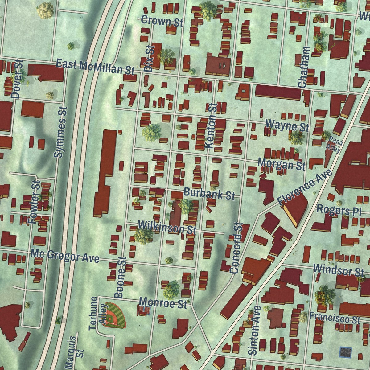 Close-up of the map of Walnut Hills, Ohio print showing street and building detail