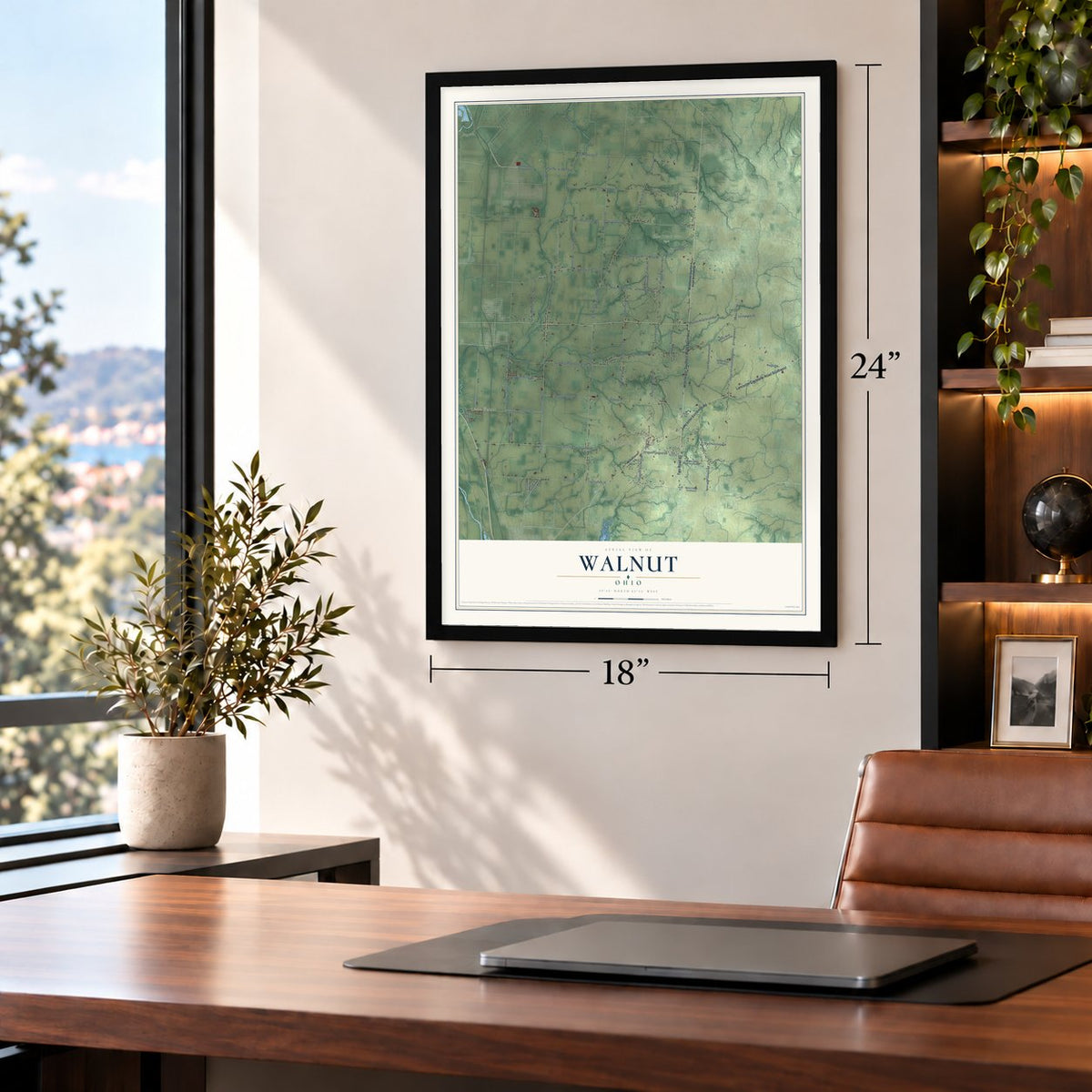 Walnut, Ohio map, 18 x 24 inch print in a black frame in a home office