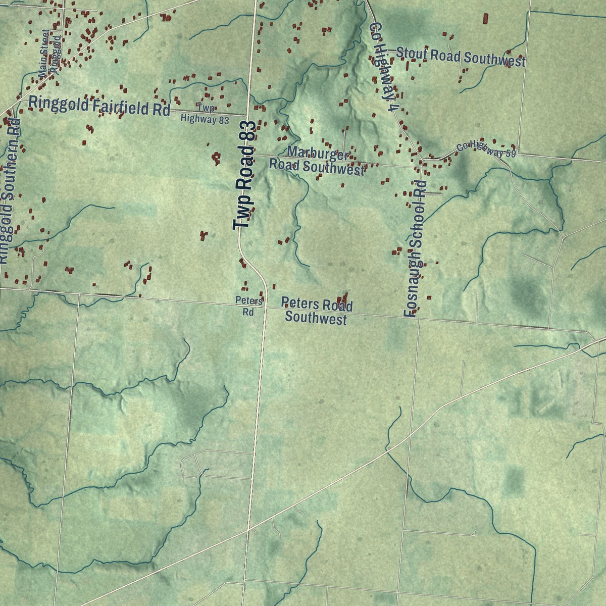 Close-up of the map of Walnut, Ohio print showing street and building detail