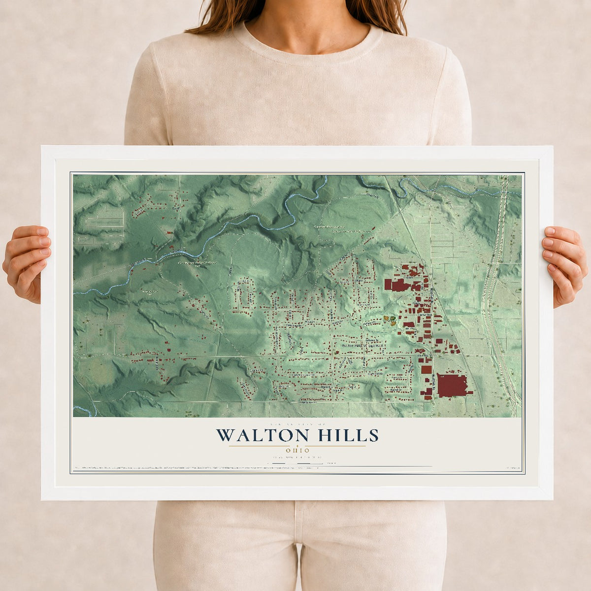 Map of Walton Hills, Ohio, 12 x 18 inch print in a white wood frame