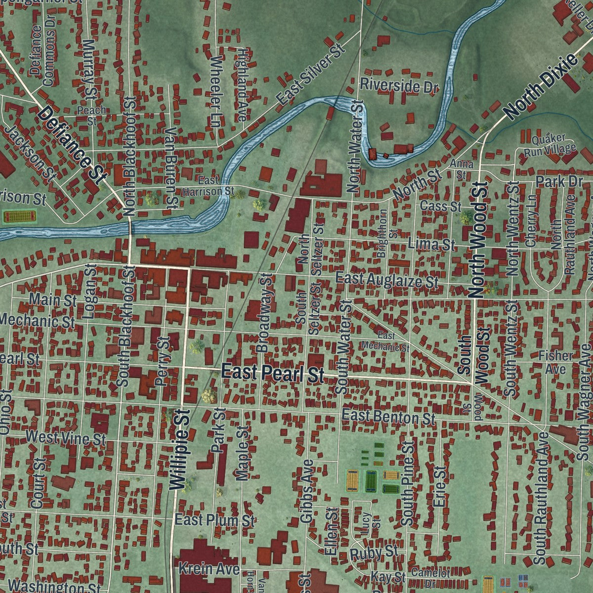Close-up of the map of Wapakoneta, Ohio print showing street and building detail