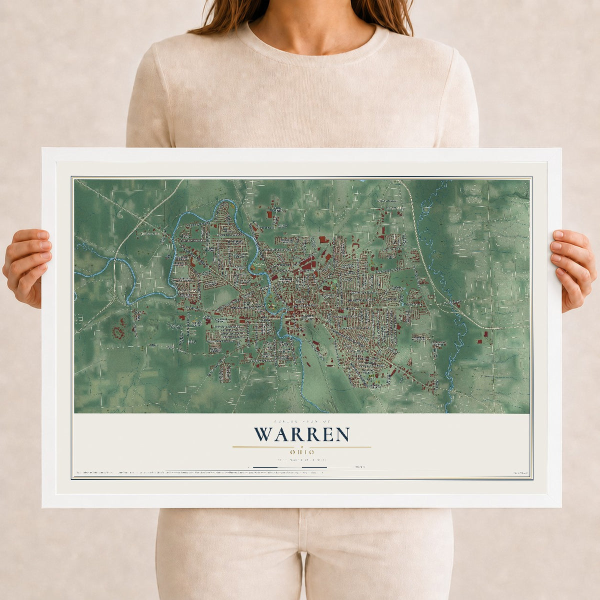 Map of Warren, Ohio, 12 x 18 inch print in a white wood frame