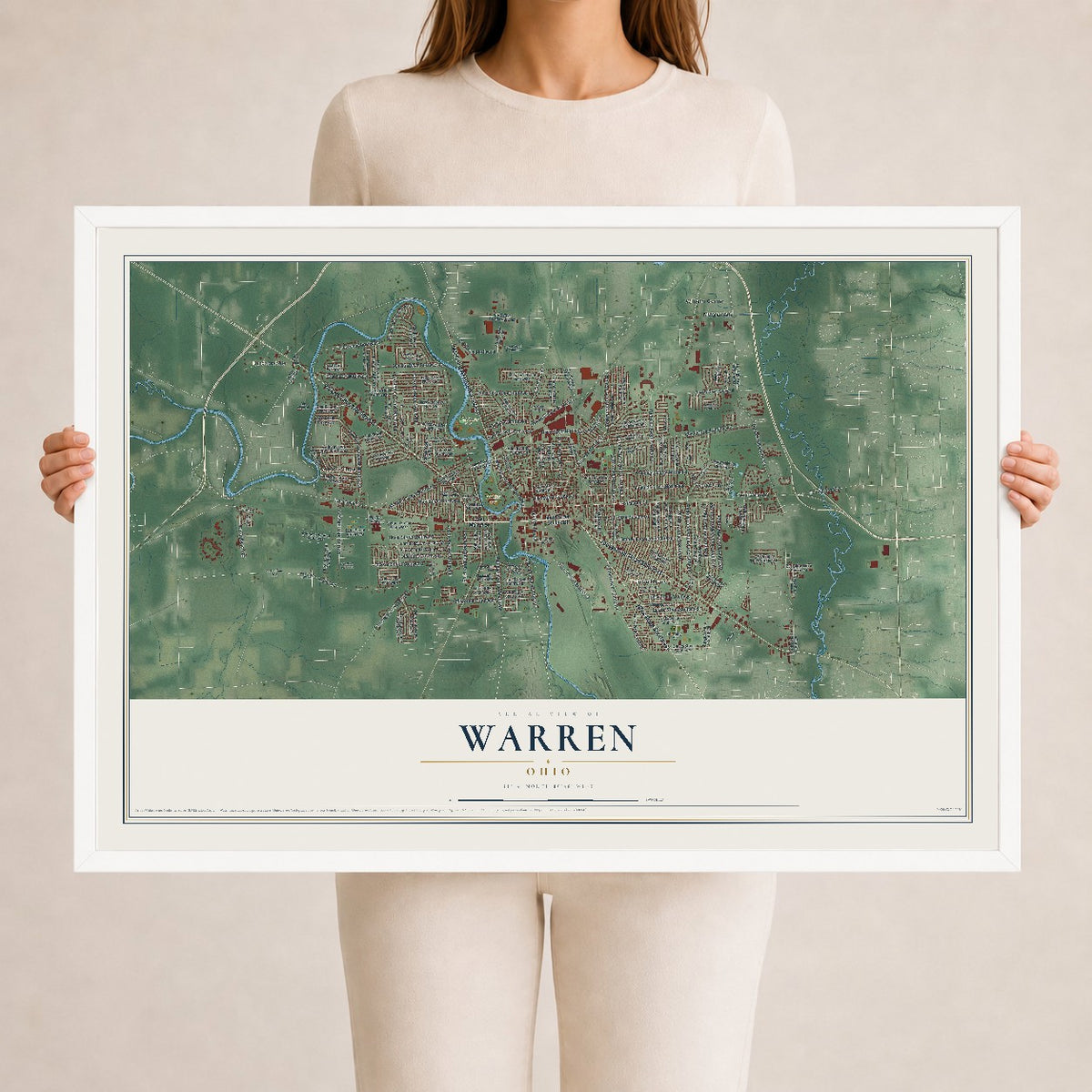 Map of Warren, Ohio, 24 x 36 inch print in a white wood frame