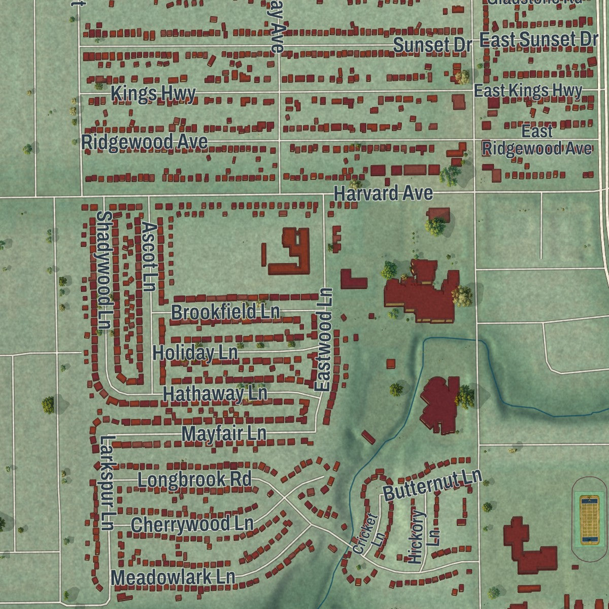 Second close-up of the map of Warrensville Heights, Ohio print showing more streets and buildings