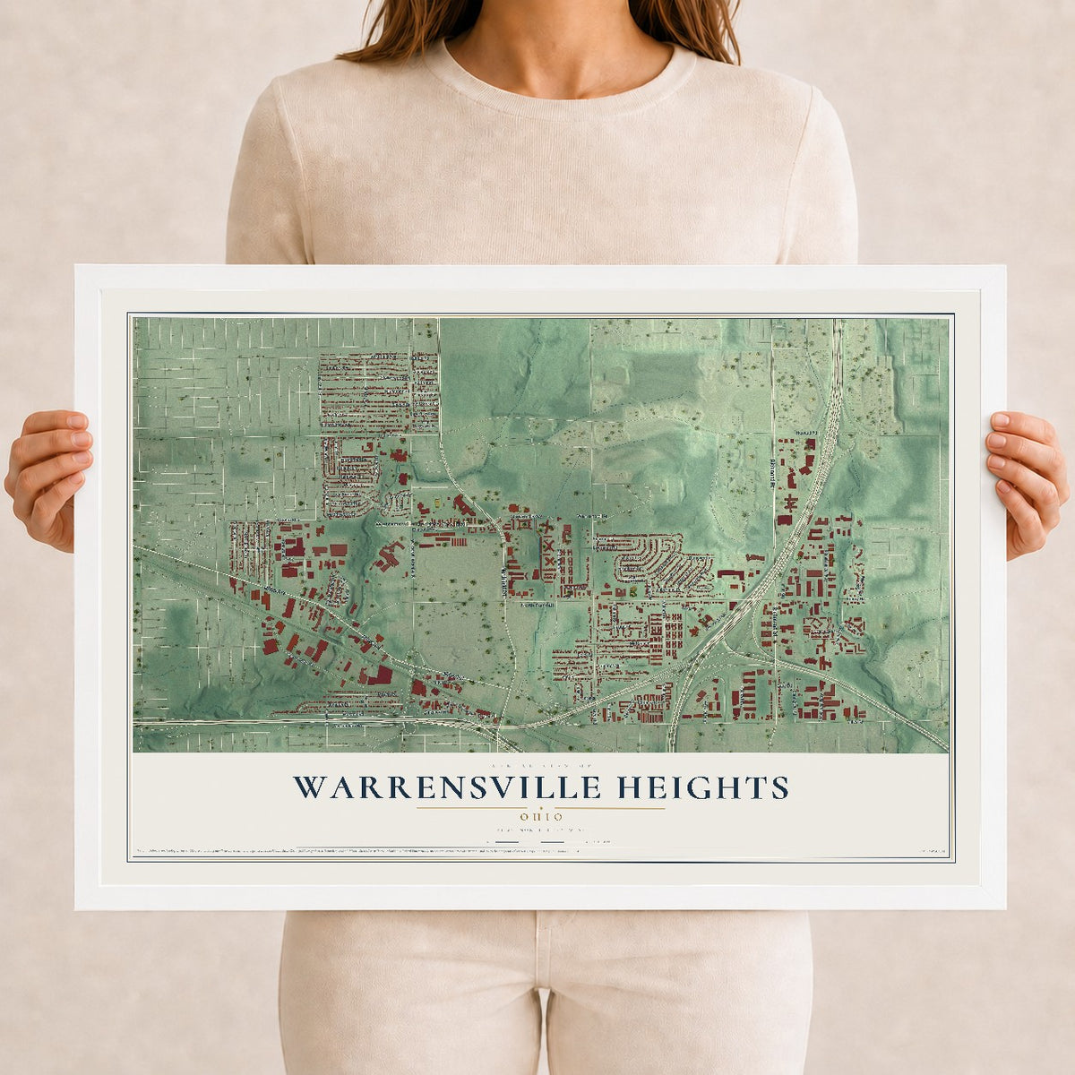 Map of Warrensville Heights, Ohio, 12 x 18 inch print in a white wood frame