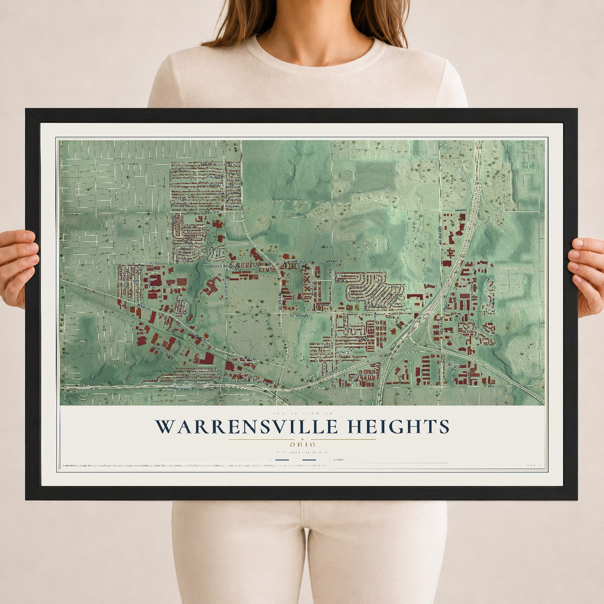 Map of Warrensville Heights, Ohio, 18 x 24 inch print in a black wood frame