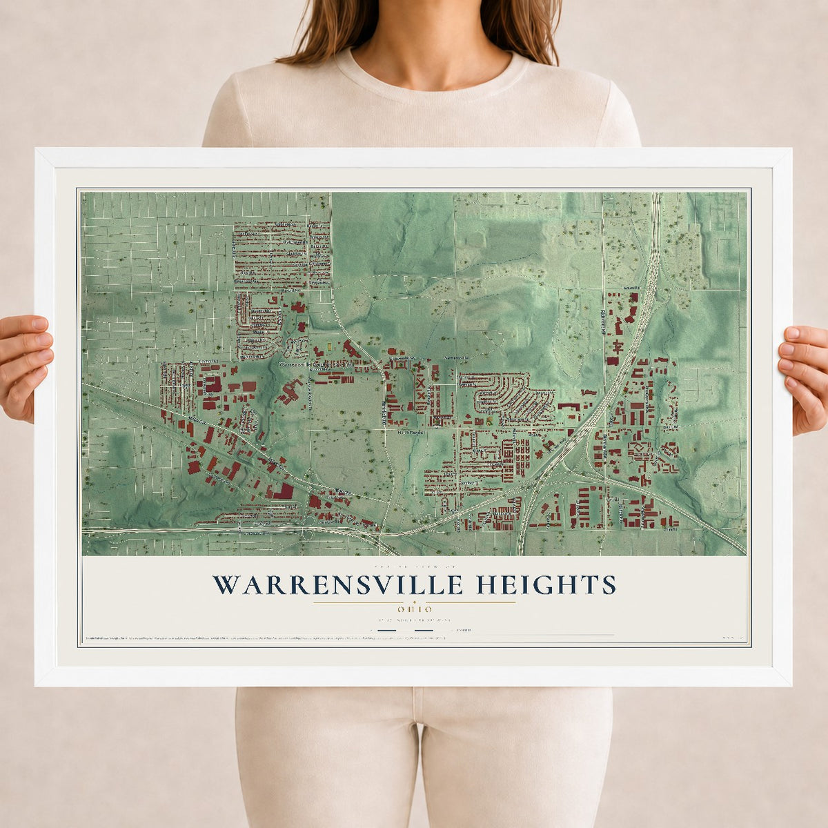Map of Warrensville Heights, Ohio, 18 x 24 inch print in a white wood frame