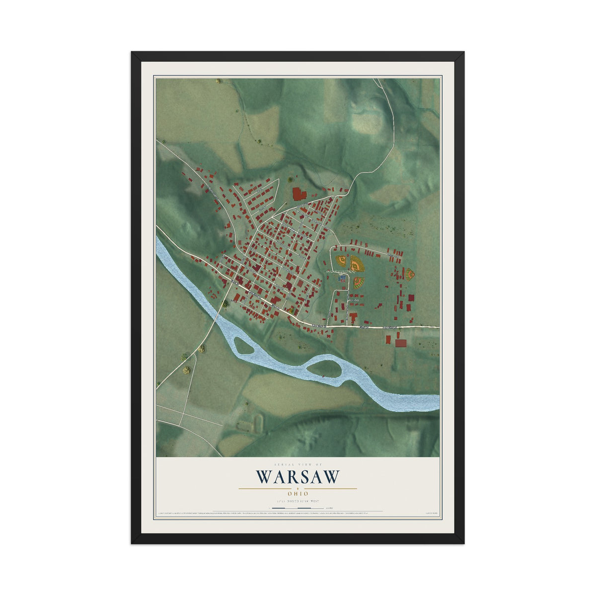 Map of Warsaw, Ohio, 12 x 18 inch print in a black wood frame