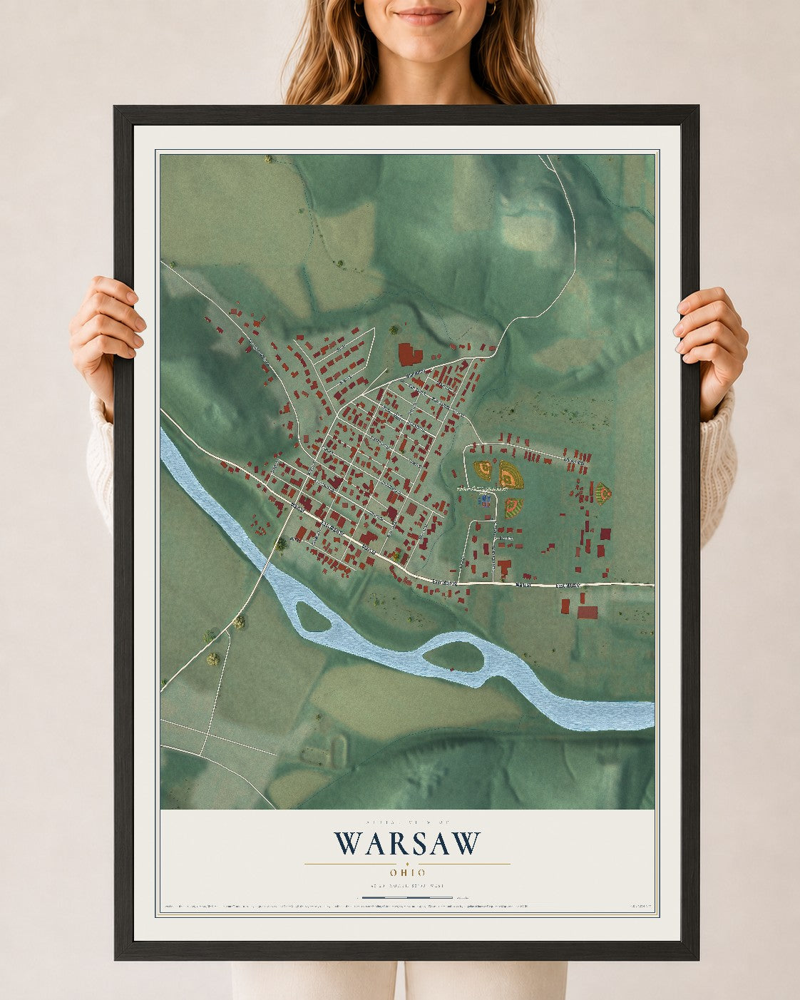 Map of Warsaw, Ohio, 24 x 36 inch print in a black wood frame