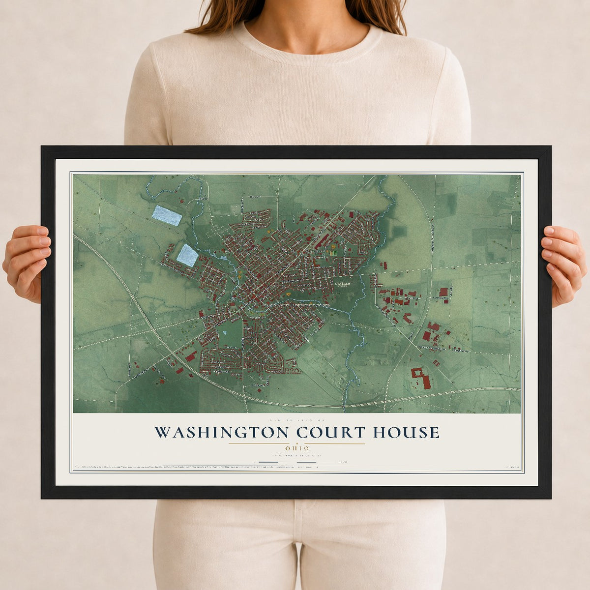 Map of Washington Court House, Ohio, 12 x 18 inch print in a black wood frame