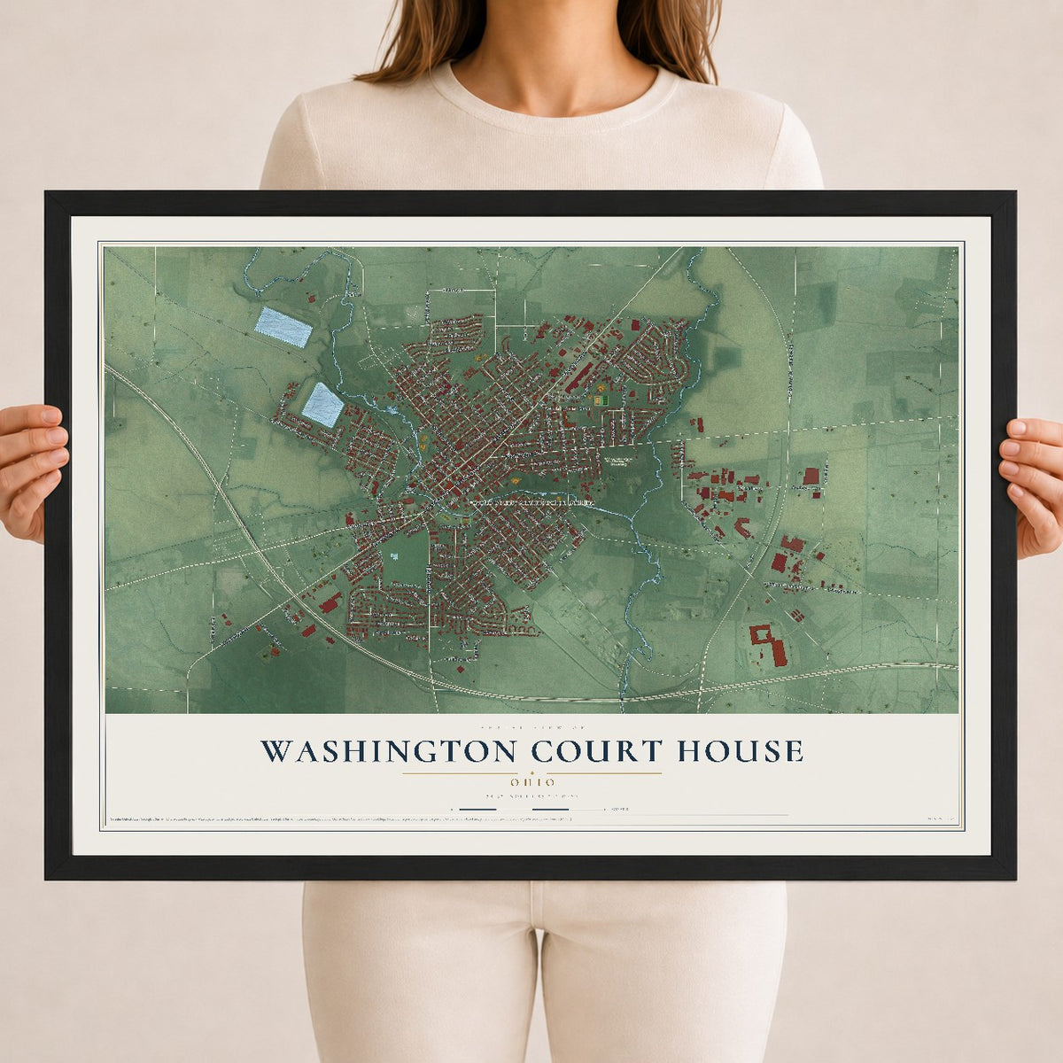 Map of Washington Court House, Ohio, 18 x 24 inch print in a black wood frame