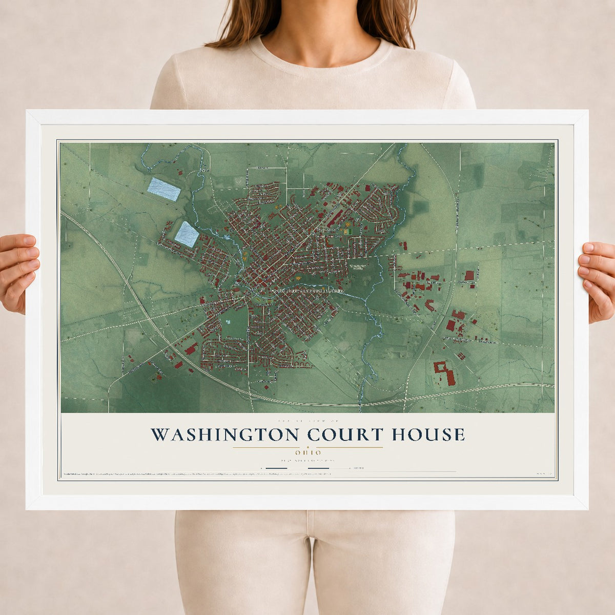 Map of Washington Court House, Ohio, 18 x 24 inch print in a white wood frame