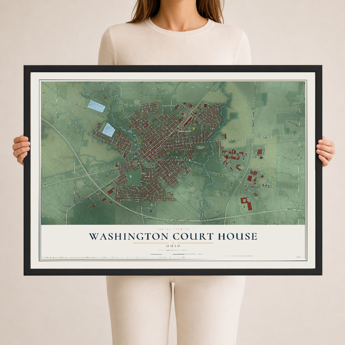 Map of Washington Court House, Ohio, 24 x 36 inch print in a black wood frame