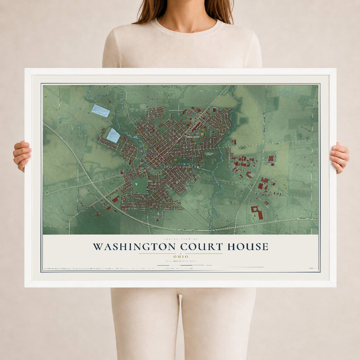 Map of Washington Court House, Ohio, 24 x 36 inch print in a white wood frame