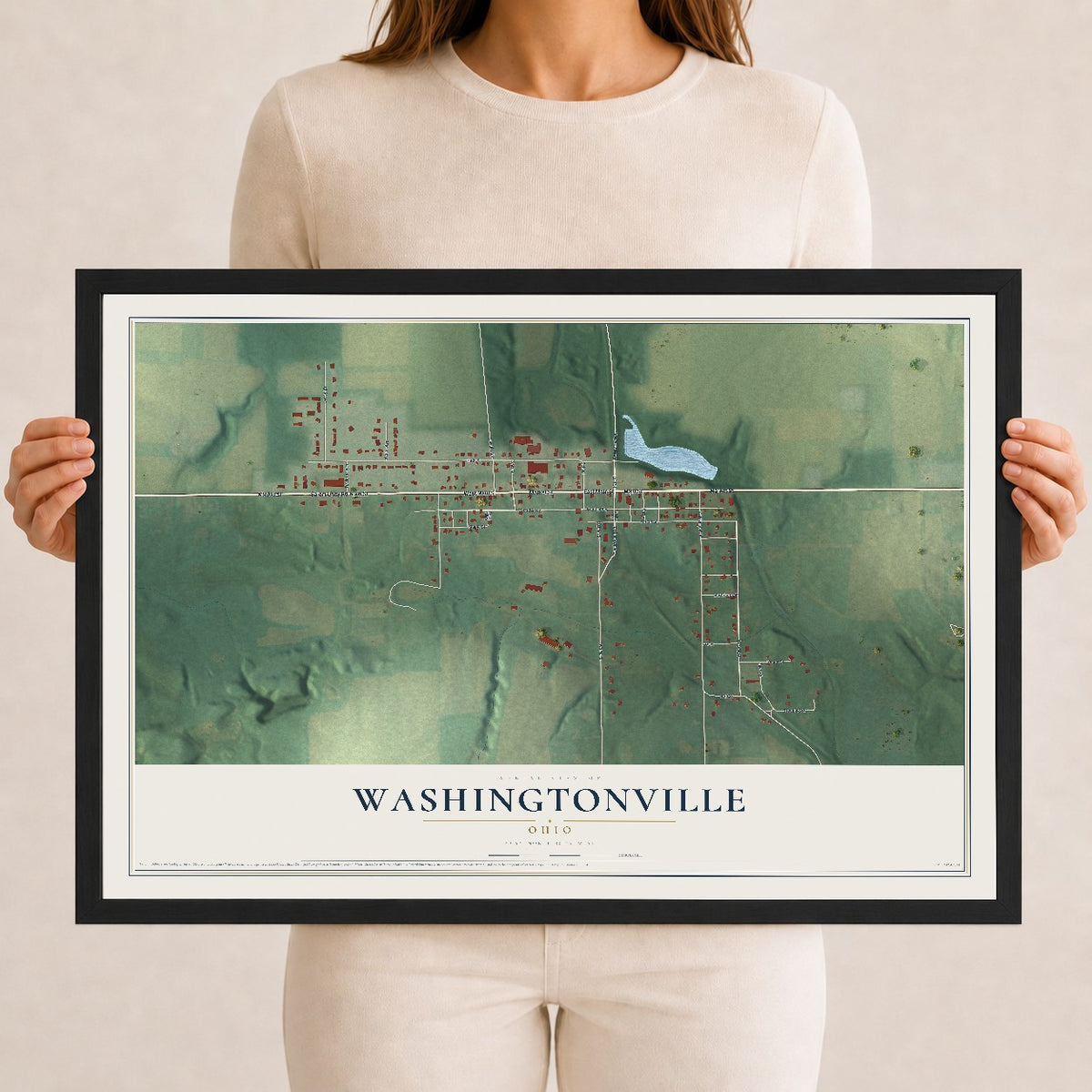 Map of Washingtonville, Ohio, 12 x 18 inch print in a black wood frame