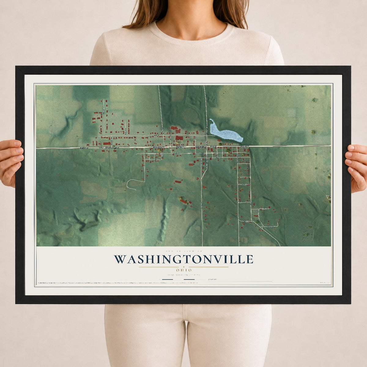 Map of Washingtonville, Ohio, 18 x 24 inch print in a black wood frame