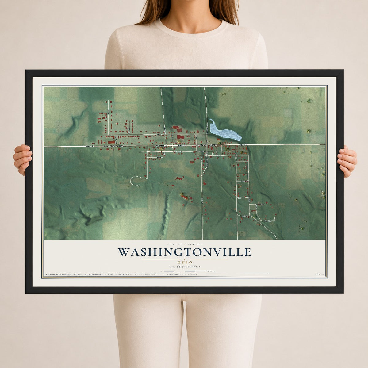 Map of Washingtonville, Ohio, 24 x 36 inch print in a black wood frame