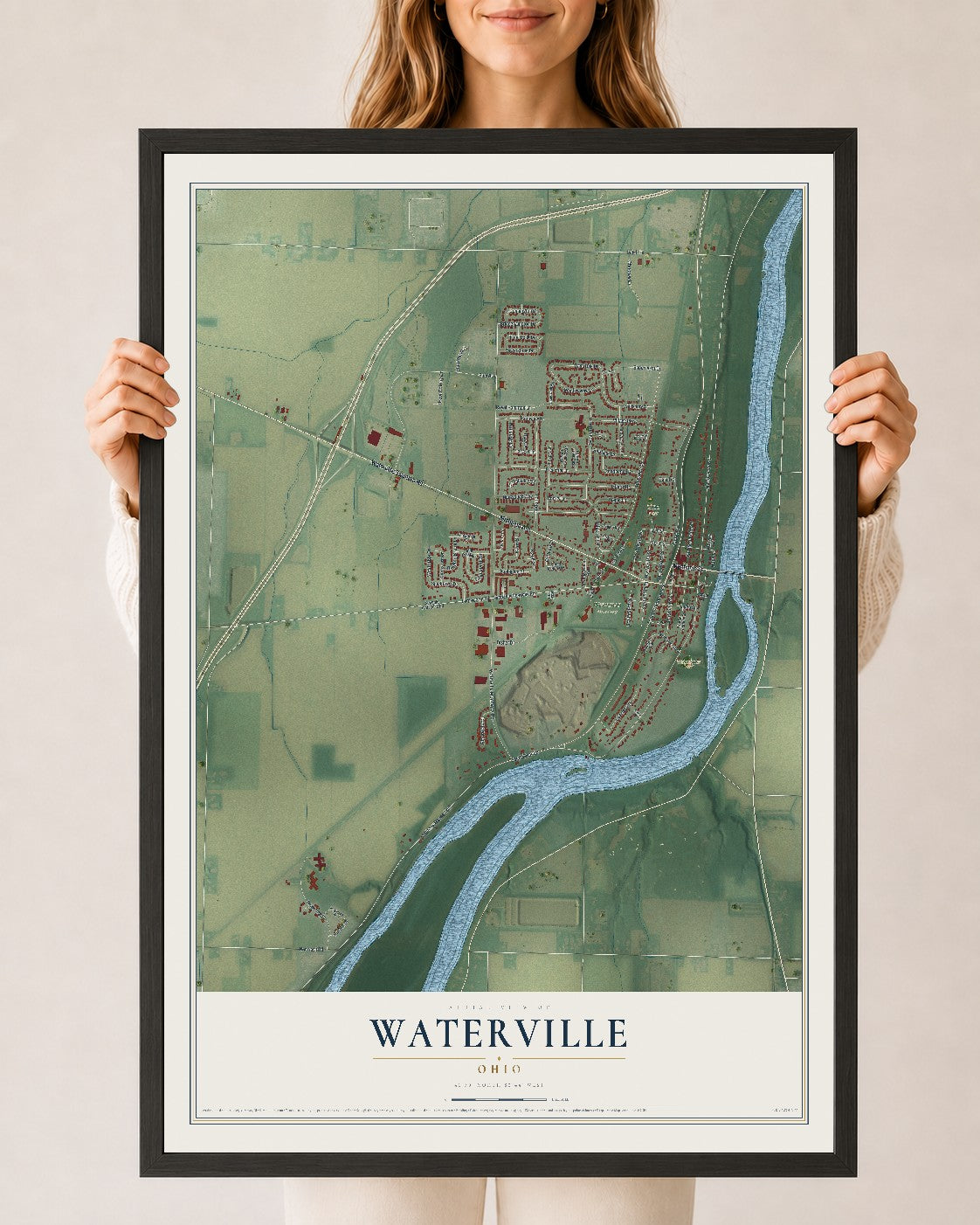 Map of Waterville, Ohio, 24 x 36 inch print in a black wood frame
