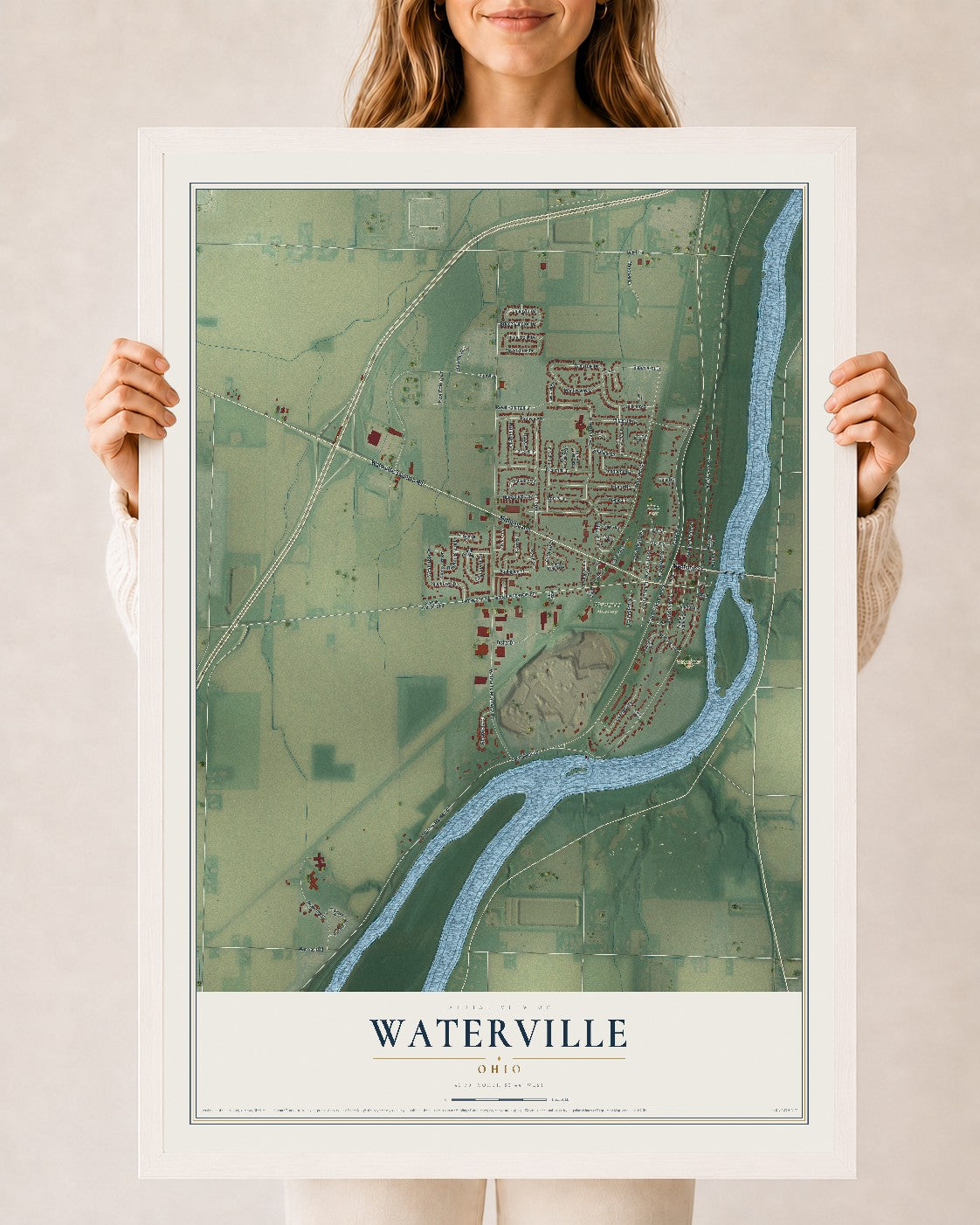 Map of Waterville, Ohio, 24 x 36 inch print in a white wood frame