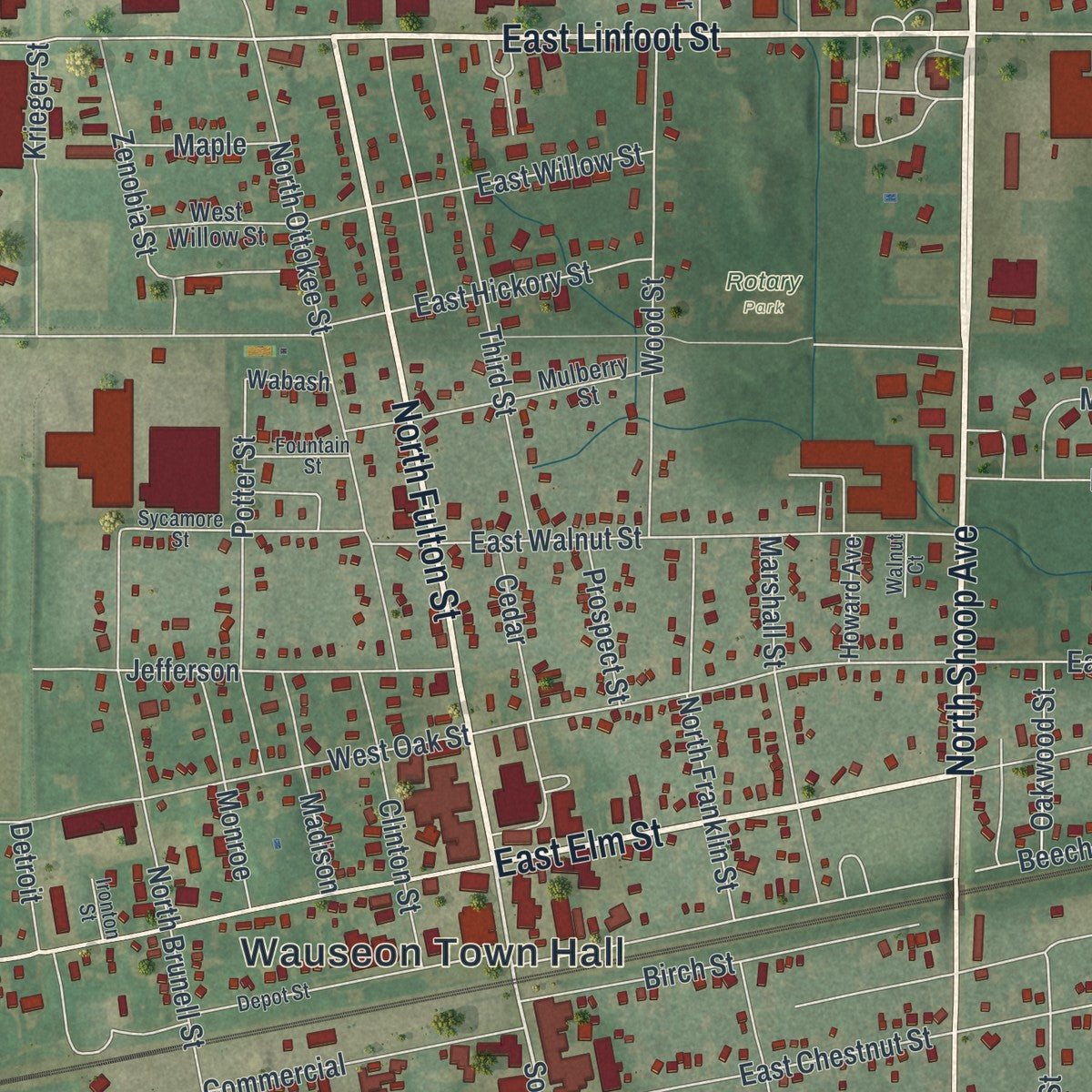 Close-up of the map of Wauseon, Ohio print showing street and building detail