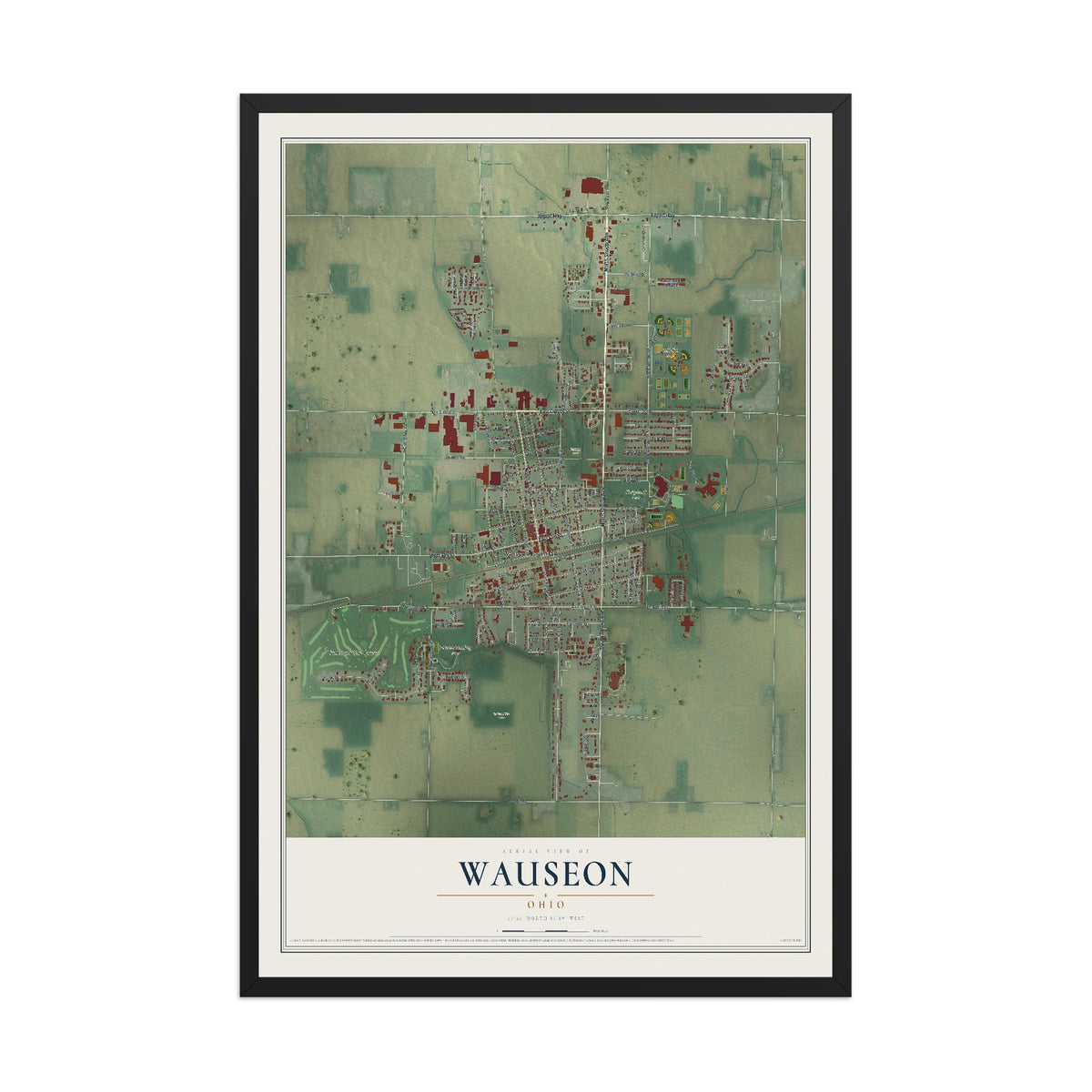 Map of Wauseon, Ohio, 12 x 18 inch print in a black wood frame