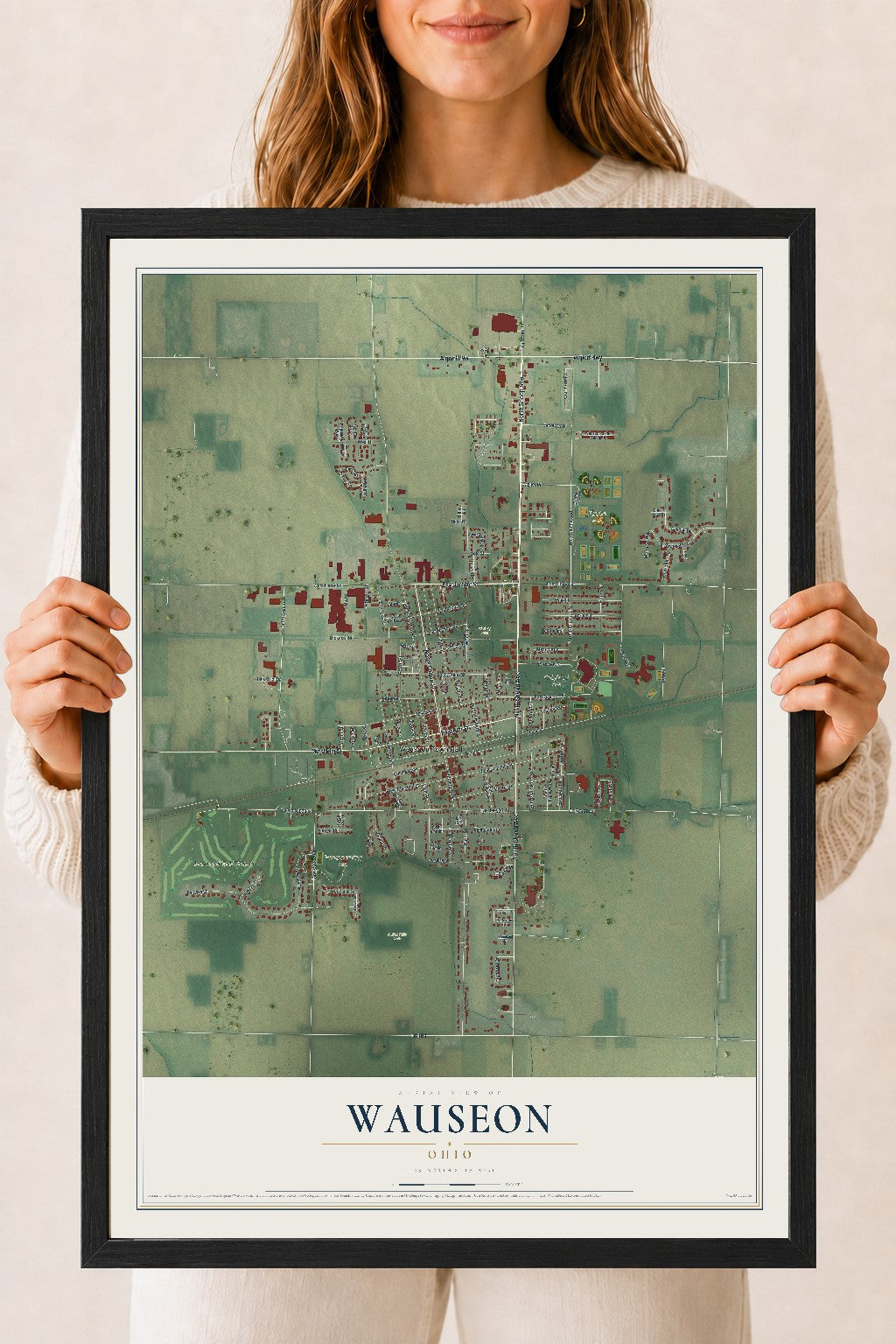 Map of Wauseon, Ohio, 18 x 24 inch print in a black wood frame